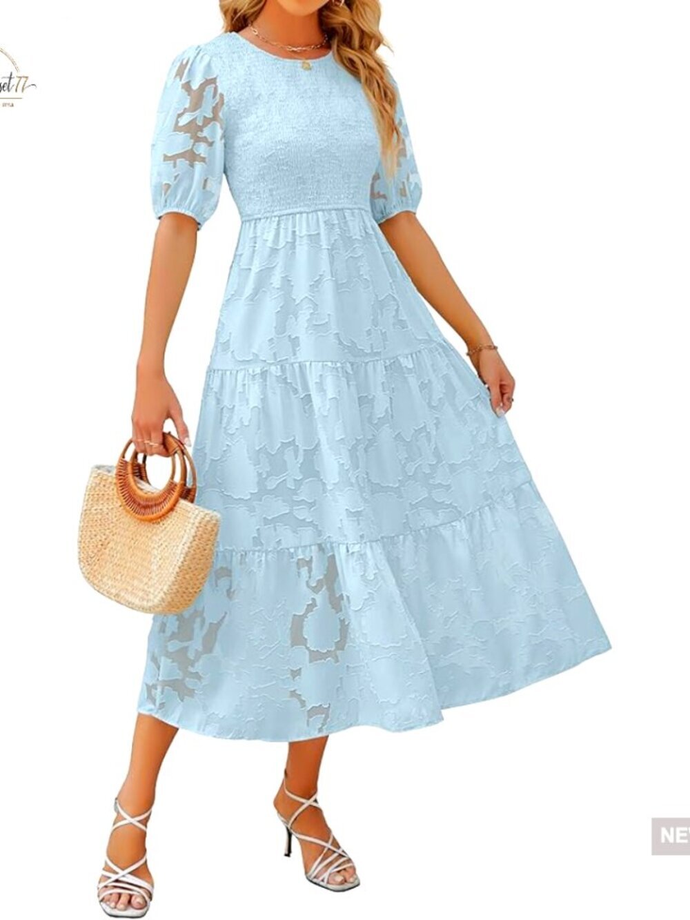 Summer Floral Lace Maxi Dress with Puff Sleeves Smocked Bodice